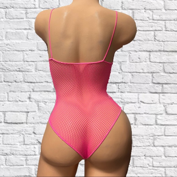 Neon Pink Fishnet Teddy - Picture 2 of 6